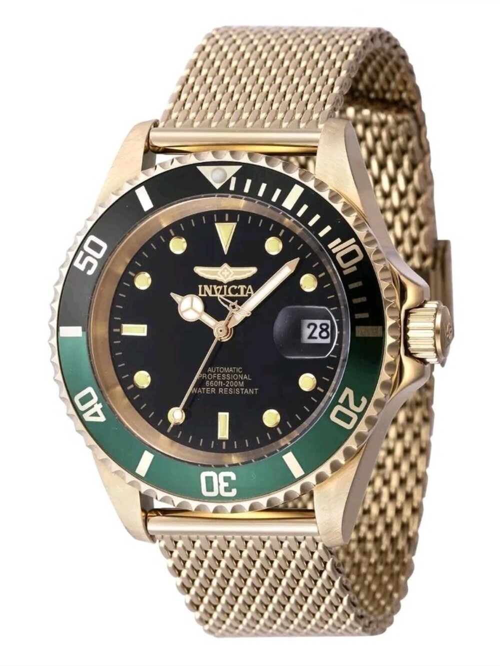 Invicta Men's Pro Diver Automatic Watch 40mm Gold Mesh Green Black Bezel 47723